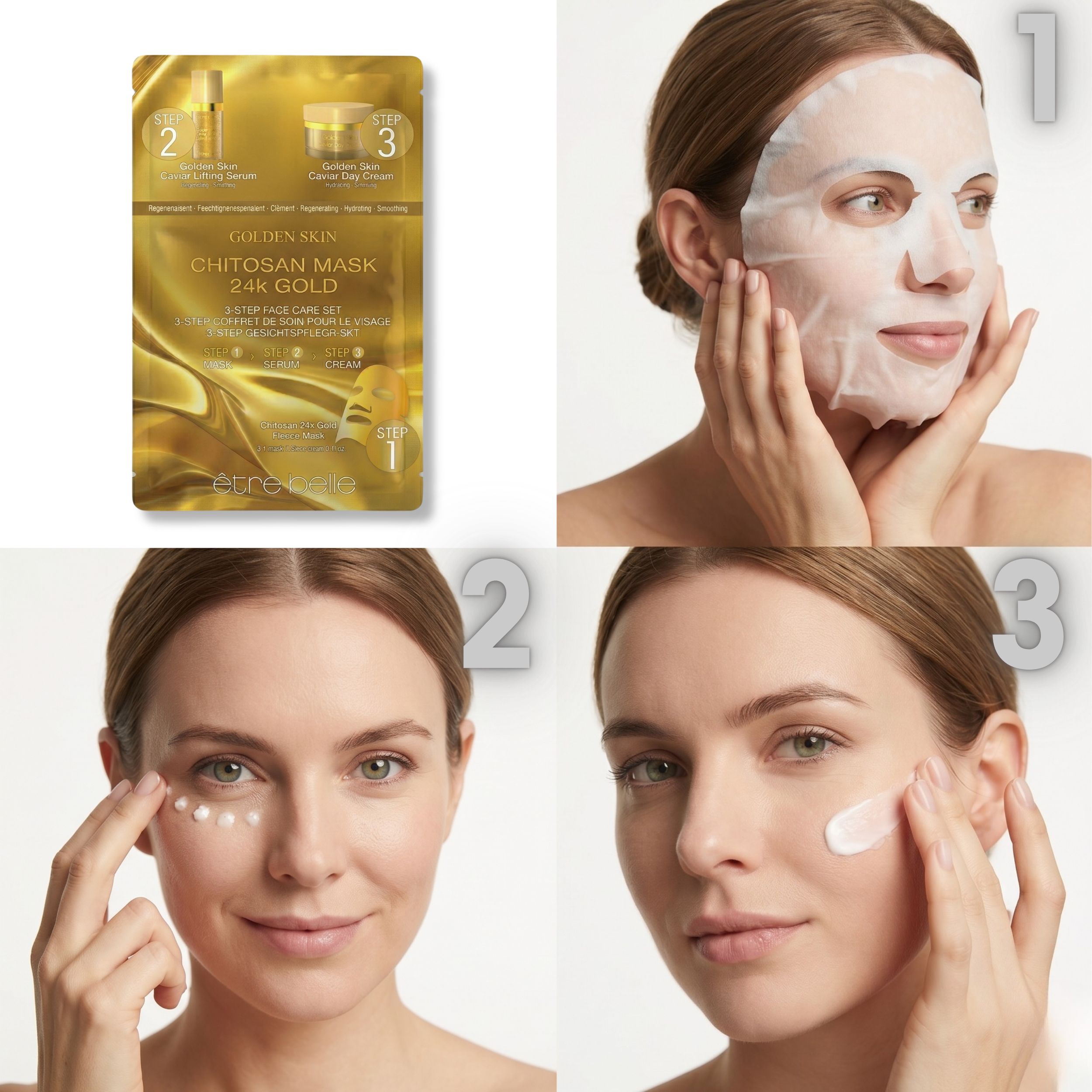 Schritt 1 der Golden Skin Maske: Reinigung zur Vorbereitung der Gesichtshaut.