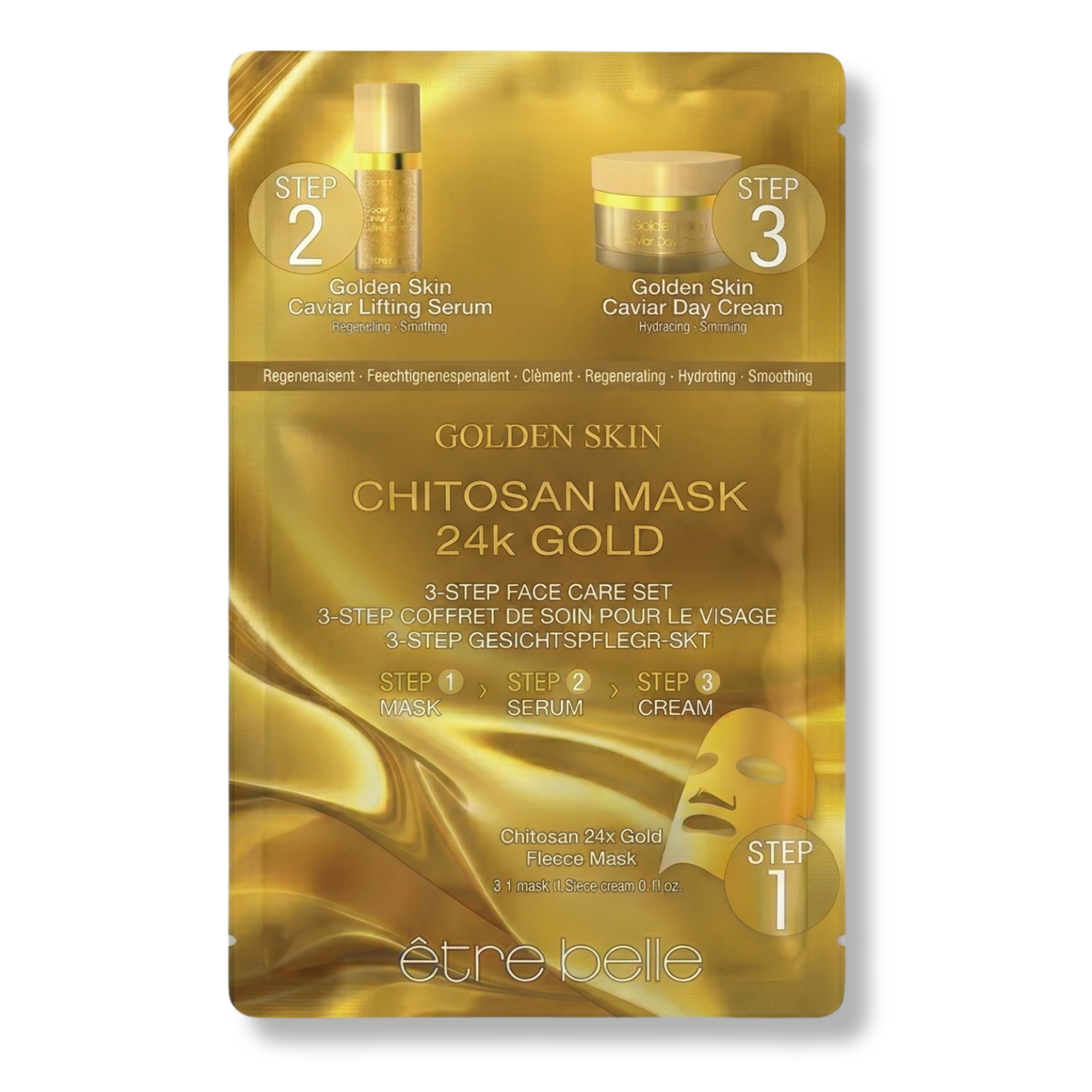 Golden Skin Chitosan 24k Gold 3-Step Maske Set für intensive Regeneration und Glow.