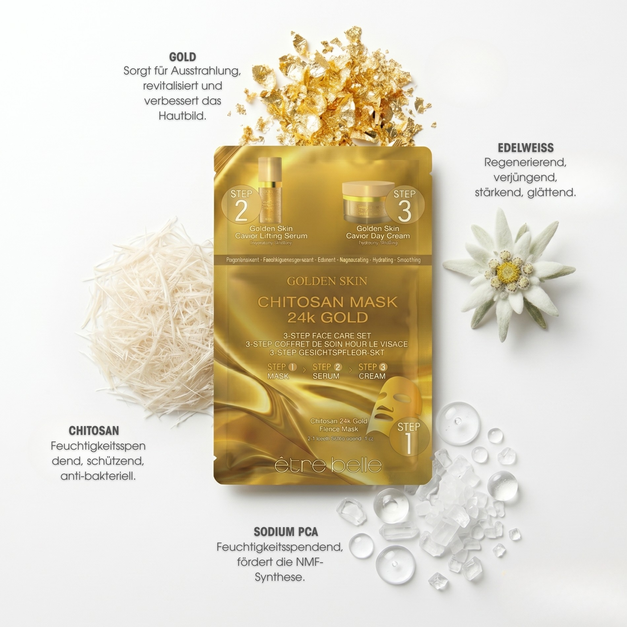 Golden Skin Chitosan 24k Gold 3-Step Maske Set für intensive Regeneration und Glow.